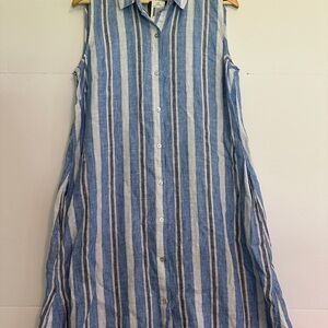 Magaschoni Linen Dress Sleeveless Striped Button Down‎ Casual Blue White L